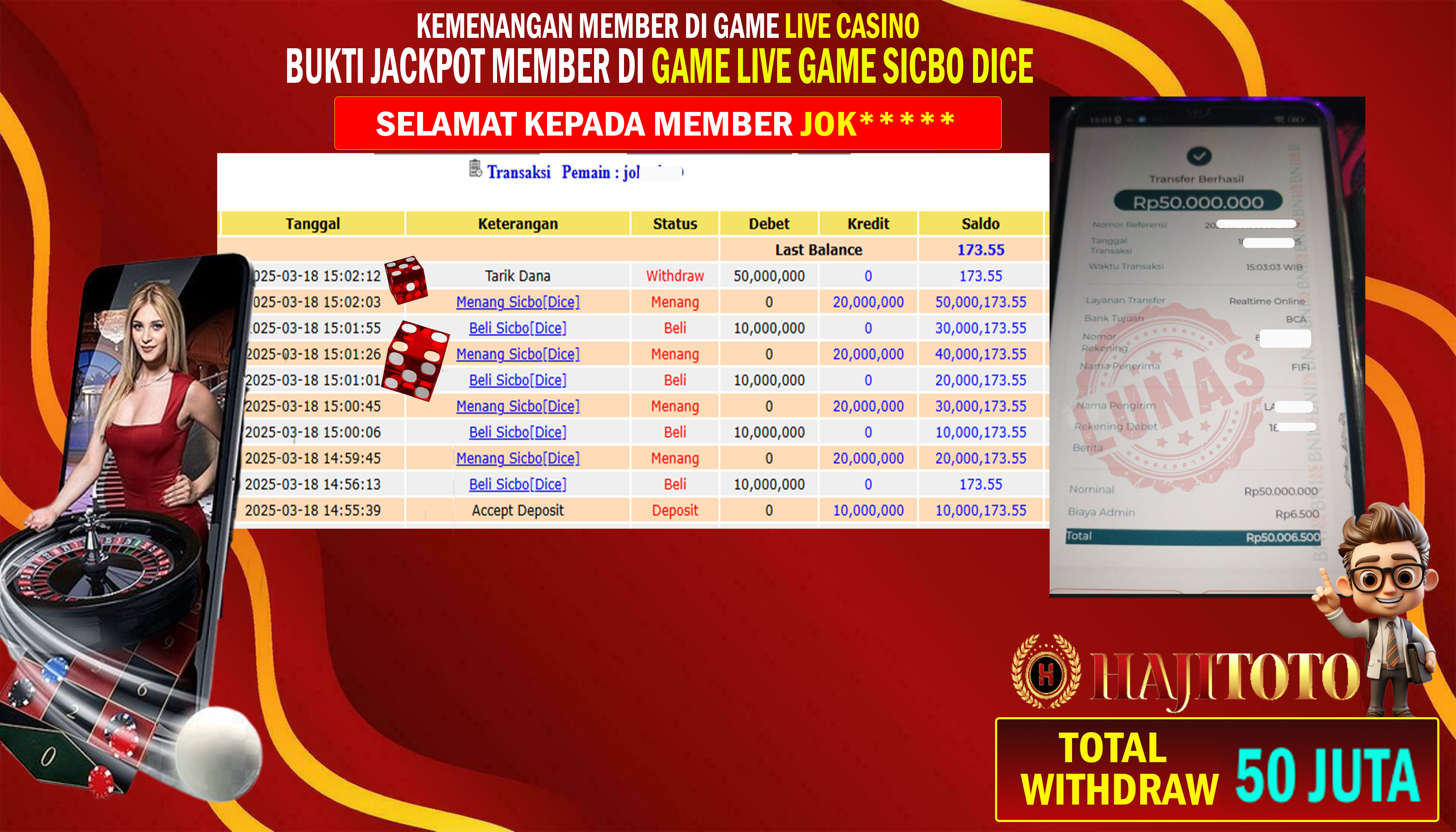 SELAMAT KEPADA PEMENANG MEMBER MERAIH JACKPOT DI GAME LIVE CASINO SICBO DICE  TOTAL RP 50.000.000 DI BAYAR LUNAS